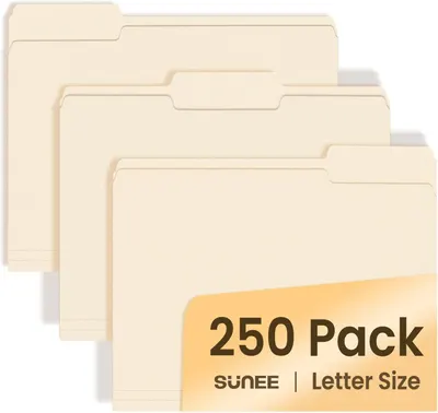 Shows the core product—a 250-pack of letter-size manila file folders—clearly displayed to communicate quantity and size to the shopper. The orange label overlay communicates the pack size (250 Pack)…