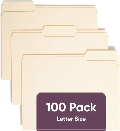 Shows the core product clearly - a set of manila file folders in letter size, communicating the quantity and size to help shoppers understand what they are purchasing. Displays packaging information…