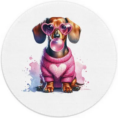 Displays the core product, a whimsical illustration of a dachshund wearing heart-shaped glasses and a pink sweater, to show shoppers the charming and playful design they will receive. Uses artistic…