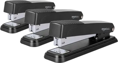 Shows the product as a multi-pack of three identical staplers to communicate the quantity included in the purchase and provide value perception.