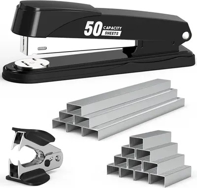 Shows the core product—a black stapler—along with included accessories (staples and staple remover) to communicate what the buyer receives and the stapler's 50-sheet capacity feature. Demonstrates…