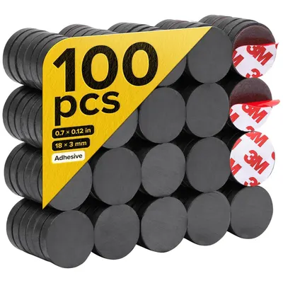 Shows the core product—a 100-piece set of adhesive round magnets—clearly displayed to communicate quantity, size, and the adhesive feature. The yellow graphic overlay with 100 pcs, dimensions, and…
