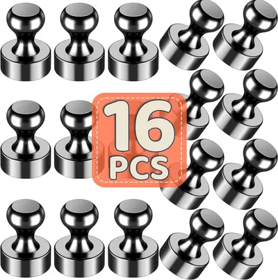 Shows the complete 16-piece set of magnetic push pins to communicate the quantity and value included in the purchase. The 16 PCS badge overlay emphasizes the pack size and quantity value proposition…