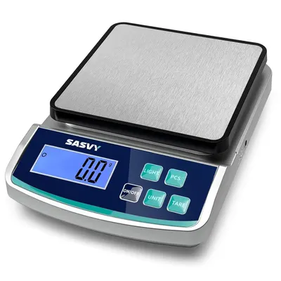 Shows the core digital scale product with its stainless steel weighing platform and LCD display to communicate its professional appearance and functionality for accurate measurements.
