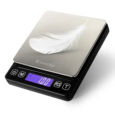 Shows the core product clearly with a feather to demonstrate precision weighing capability, communicating accuracy and sensitivity to shoppers. Demonstrates the scale actively weighing a lightweight…