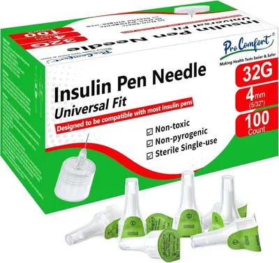 Shows the retail packaging and the actual insulin pen needles to communicate the product specifications (32G, 4mm, 100 count), universal compatibility, and safety features (non-toxic, non-pyrogenic,…