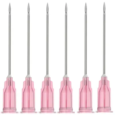 Shows the core product as a set of six identical medical or cosmetic needles with pink bases, allowing shoppers to see the exact item they will receive and understand it comes as a multi-unit pack.
