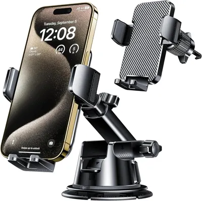 Shows the core product - a car phone mount with adjustable side arms and multiple mounting options (dashboard and vent clip) - to communicate its versatility and secure grip functionality.…