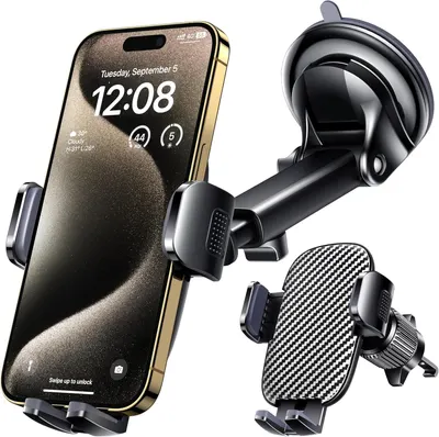 Shows the core product—a car phone mount system with multiple mounting options (suction cup and vent clip)—to communicate versatility and compatibility with different vehicle setups. Demonstrates…