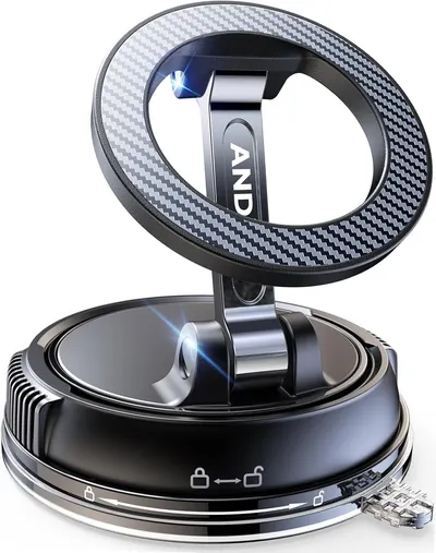 Showcases the core product, a premium magnetic phone mount with carbon fiber texture and metal construction, emphasizing its quality materials and adjustable rotating mechanism to reassure shoppers…