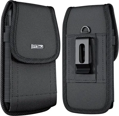 Shows both the front and back of the phone case to communicate its complete design, branding, and belt clip functionality, helping shoppers understand what they will receive.