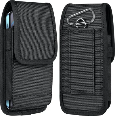 Shows both the front and back of the phone pouch to communicate its complete design, features, and functionality including the carabiner attachment and storage pockets. Highlights the included metal…