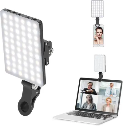 Shows the core LED light panel product with its mounting clip and demonstrates its versatility by showing it attached to a smartphone and laptop for video calls and content creation. Demonstrates…