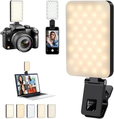 Shows the core sellable product, an LED video light with clip attachment, clearly displayed to help shoppers understand what they are purchasing. Demonstrates how the light functions with various…