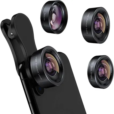 Shows the core product—a set of clip-on smartphone camera lenses—along with the attachment mechanism, communicating the variety of lens types included and how they attach to a phone. Displays…