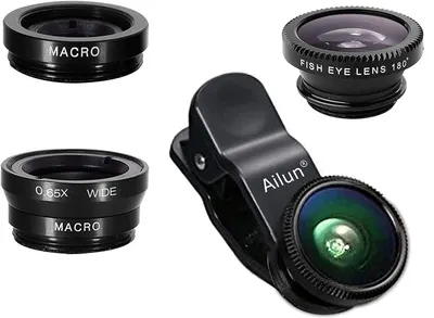 Shows the complete lens kit with all included lens types (macro, wide, fisheye) and the clip-on attachment mechanism to help shoppers understand what they are purchasing and how the product works.…