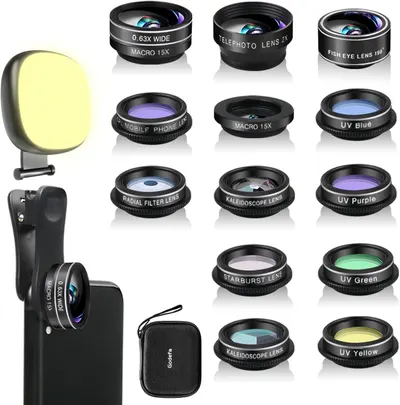 Displays the complete mobile phone lens kit with all included lens options and accessories to show shoppers the variety and completeness of the set. Shows all the included accessories and components…
