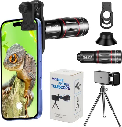 Shows the core product, a mobile phone telescope lens attachment, along with all included accessories to communicate the complete kit the shopper will receive. Displays all the included accessories…