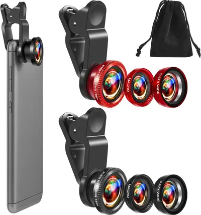Displays the complete camera lens kit with clip-on attachment and multiple lens options to show shoppers exactly what they will receive and how the product attaches to their phone. Shows all…