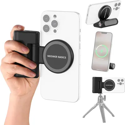 Demonstrates the product's versatility by showing multiple use cases: as a handheld grip for secure phone handling, as a stand for hands-free viewing and wireless charging, and as a tripod mount for…