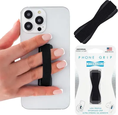Demonstrates how the phone grip strap fits comfortably between fingers to provide a secure, one-handed hold of the phone, reassuring shoppers about ease of use and drop prevention. Shows the retail…