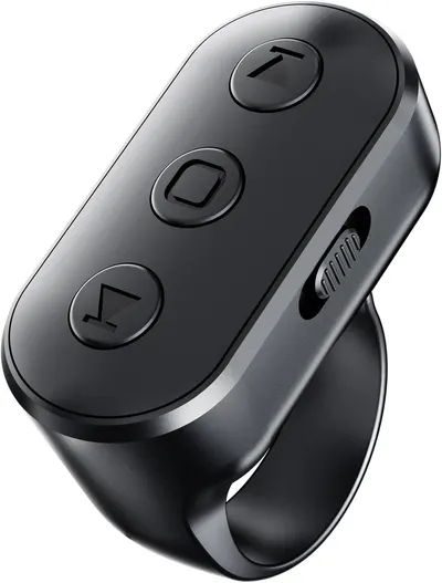 Displays the core product with clear visibility of its three-button interface and ergonomic curved form factor to communicate its control capabilities and comfortable design. Uses a white-to-gray…