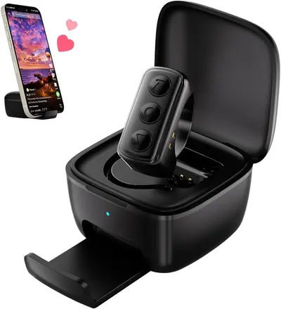 Shows the core product - wireless earbuds in their charging case with an integrated phone stand - to communicate the multi-functional design and what the buyer receives. Uses decorative heart…