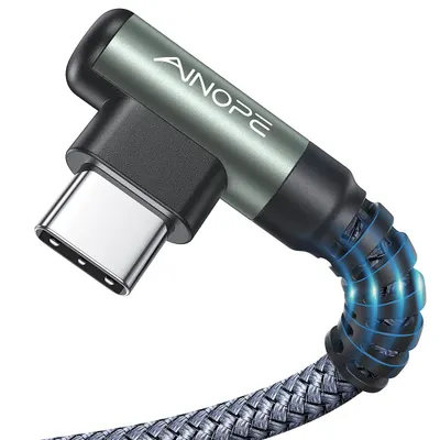 Shows the core product—a right-angle USB-C cable with braided construction—to communicate its design, connector type, and quality to shoppers. Uses a subtle drop shadow beneath the product to give…