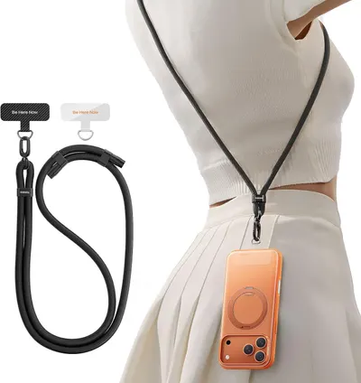 Shows a person wearing the phone lanyard strap to demonstrate how it can be worn cross-body for hands-free convenience and easy access to the phone. Demonstrates the product in active use as a…