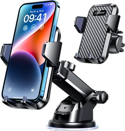 Shows the core product—a car phone mount—with a smartphone secured in it, demonstrating its primary function of holding phones securely in vehicles. The image also displays the mount from multiple…