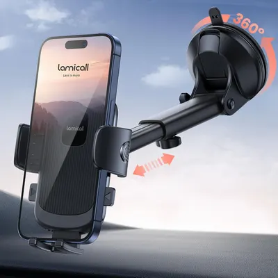 Shows the car phone mount product with its key features including the adjustable arm and 360-degree rotation capability, demonstrating its versatility and functionality for in-car use. Demonstrates…