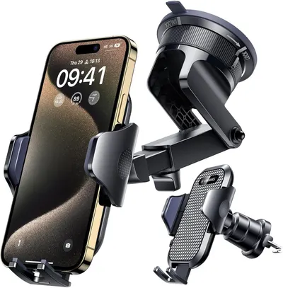 Shows the core product—a car phone mount system with suction cup and vent clip options—to communicate what the buyer receives and how it holds a phone securely. Uses subtle drop shadows beneath each…
