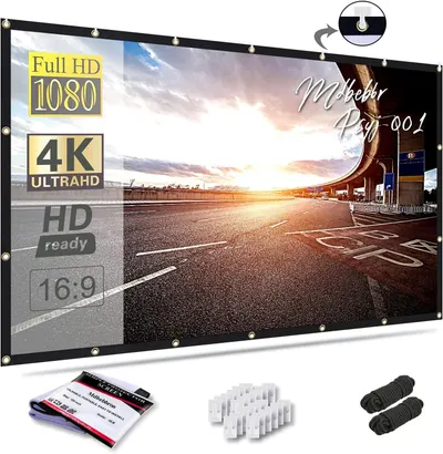 Shows the core product—a portable projector screen with grommet mounting system—displaying its size, quality specifications, and included accessories to help shoppers understand what they are…