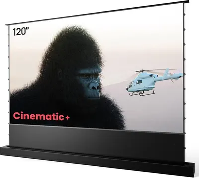 Shows the core product, a 120-inch floor-rising projector screen with a clear view of its size, frame, and base unit, demonstrating what the buyer will receive. Demonstrates the screen actively…