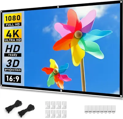 Shows the core sellable product - a projection screen with included mounting accessories - to communicate what the buyer will receive. Displays all included accessories and mounting hardware to…