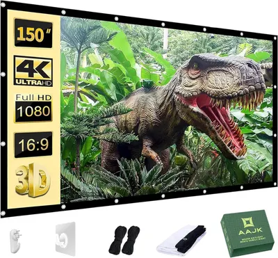 Displays the core product—a large 150-inch projector screen—showing its size, quality, and included mounting accessories to help shoppers visualize the complete package. Shows all included…