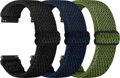 Displays the core product—three watch bands in different colors—clearly showing the braided nylon texture and adjustable buckle design to help shoppers understand what they are purchasing. Shows…