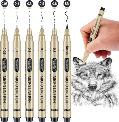 Shows the complete set of micro line pens with different tip sizes (0.05 to Brush) to communicate the variety and precision options available for detailed drawing and illustration work. Demonstrates…