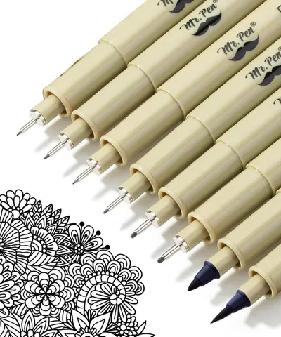 Displays the core product—a set of fine-tip pens in various sizes—to show shoppers the range of line widths available for detailed drawing and writing tasks. Includes a decorative mandala…