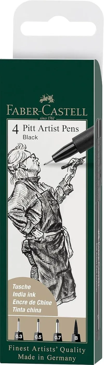 Displays the Faber-Castell Pitt Artist Pens in their retail packaging, showing the product clearly so shoppers can identify the brand, quantity, and type of pens being sold. Shows the physical…