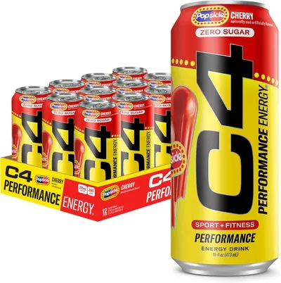 Shows the core sellable product - a 12-pack of C4 Performance Energy drinks in Cherry Popsicle flavor - with both the full case and individual cans clearly visible to communicate what the buyer…