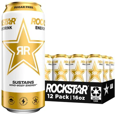 Displays the core sellable product—a 12-pack of Rockstar Energy Drink sugar-free cans—showing both individual can design and the full retail pack to communicate quantity and packaging format. Shows…