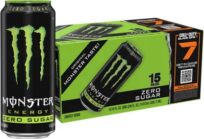 Shows the Monster Energy Zero Sugar product in both individual can and 15-pack format to communicate the purchase option and product branding clearly. Displays the retail packaging with Call of Duty…