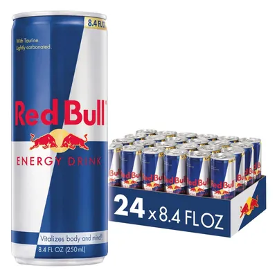 Shows the core product (Red Bull energy drink) both as an individual can and as a complete 24-pack case to communicate the quantity and packaging format the shopper will receive. Displays the retail…