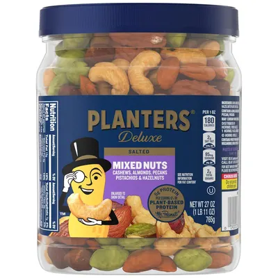 Shows the core sellable product—a jar of Planters Deluxe Mixed Nuts—with the actual nuts visible through the clear container, allowing shoppers to see exactly what they're purchasing. Displays the…