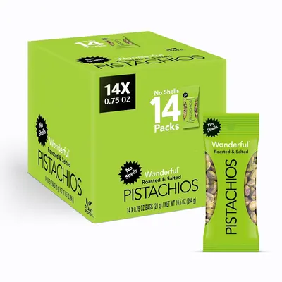 Shows the complete product offering of 14 individual pistachio packets in a retail box, communicating the quantity and convenience of single-serve portions for shoppers looking for grab-and-go…