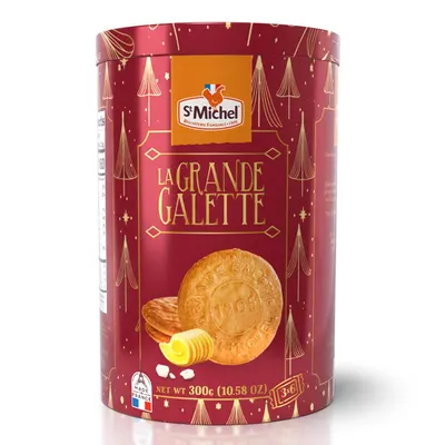 Displays the core product in its festive holiday tin packaging to communicate the premium gift-ready presentation and seasonal appeal of the butter cookies. Showcases the attractive retail packaging…