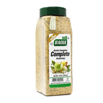 Displays the core product clearly on a white background to show shoppers exactly what they will receive - a large container of Badia Complete Seasoning. Shows the actual retail packaging with brand…