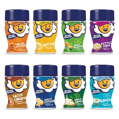 Shows the variety of popcorn seasoning flavors available, allowing shoppers to see all the different taste options they can choose from in one glance. Displays the core product packaging clearly…