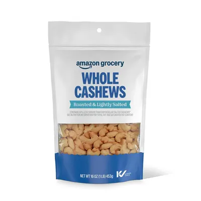 Shows the core product packaging with a clear window to display the whole cashews inside, communicating the product type and healthier low-sodium positioning to shoppers. Displays the retail…